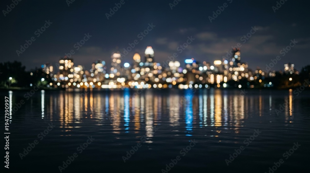 Obraz premium Blurred city skyline at night with colorful lights reflecting on water surface calmly