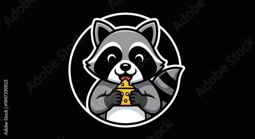 Cartoon raccoon holding cheese on black background