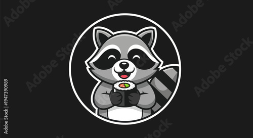 Cartoon raccoon holding sushi roll