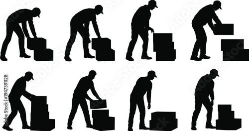 Warehouse worker silhouettes stacking boxes collection, laborer lifting carrying and arranging cargo packages, logistics storage handling team vector illustration isolated