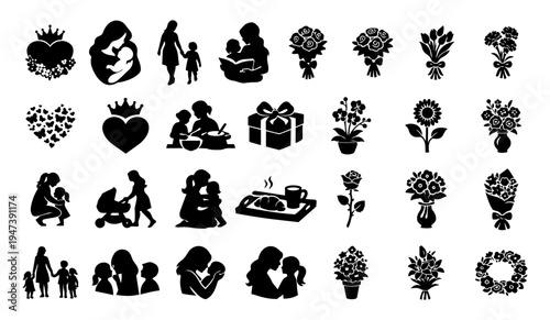 Mother's Day and Motherhood Silhouette Icon Set – Mom and Children, Flowers, Gifts, Family Love Symbols