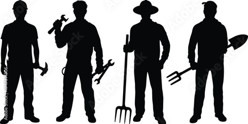 Worker silhouettes set, builder handyman and farmer with tools, construction and agriculture labor characters collection, black vector illustration isolated on white