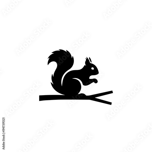 A squirrel sitting upright on a thin branch with its tail curled around its body.