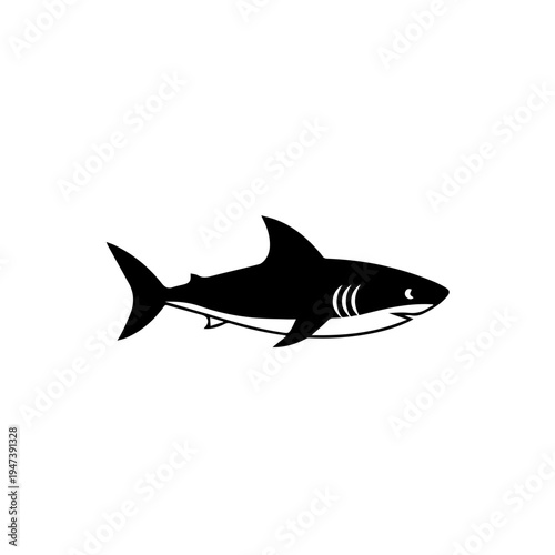 A sleek black and white illustration of a great white shark swimming gracefully