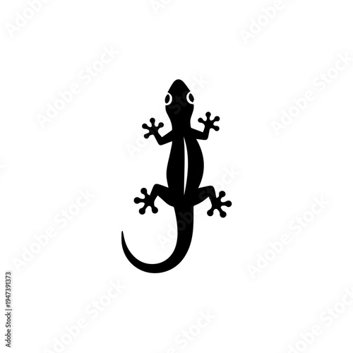 Black silhouette of a gecko with patterned skin and curled tail