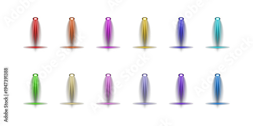 Set of 12 colorful 3D push pins or map tacks with subtle shadows, ideal for location markers, notice boards, and creative design projects vector