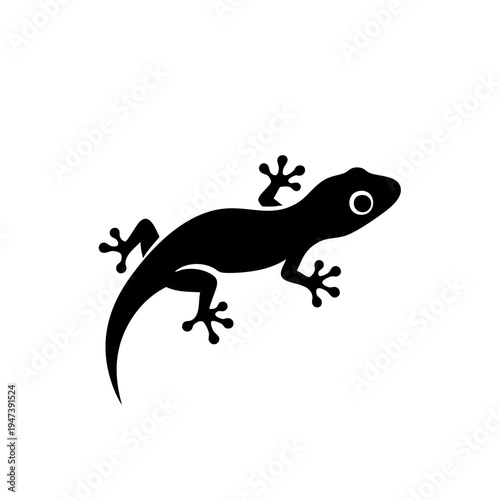 A sleek black geometric-style lizard with detailed eyes and limbs in motion