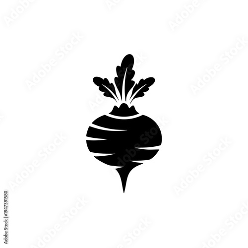 Black and white illustration of a beets with green leafy top