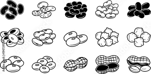 Various types of beans and peanuts icon set.