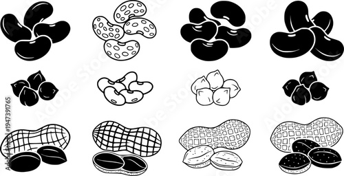 Various types of beans and peanuts icon set.