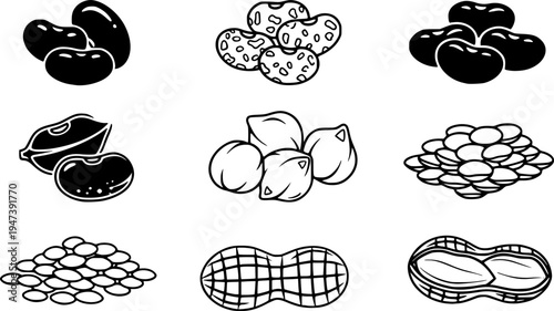 Various types of beans and peanuts icon set.