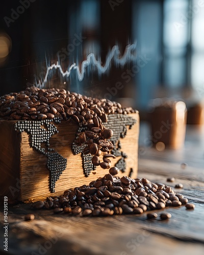 Close up of coffee beans over geographic world map and ascending business chart representing coffee price surge, agricultural commodity trends and global trade analysis