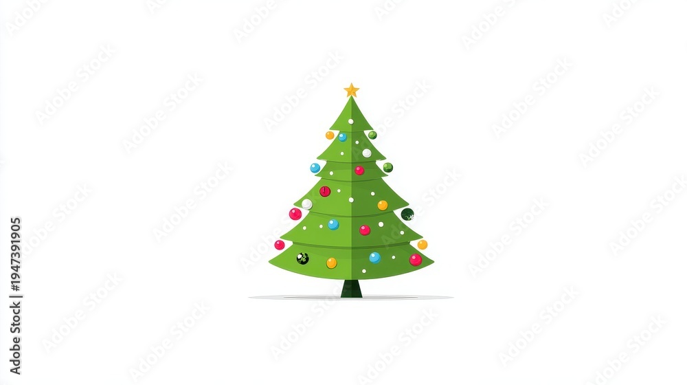 Fototapeta premium A Christmas tree, festive element, flat vector design, bright green with colorful baubles, isolated on white background.