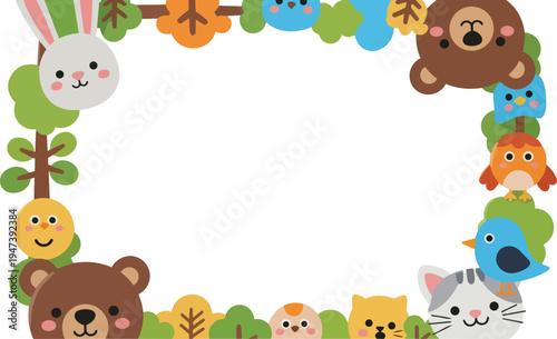 Cute Animals and Nature Elements Border Frame with Cartoon Style for Kids Activities and Decorations