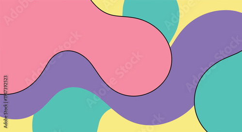 Vibrant abstract background featuring playful organic shapes in pastel yellow, pink, purple, and teal, creating a dynamic and modern design