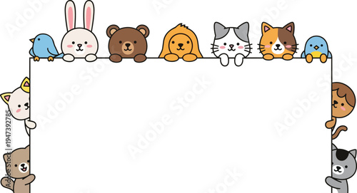 Adorable Cartoon Animals Peeking Over a Blank White Banner A Whimsical Border for Your Creative Projects