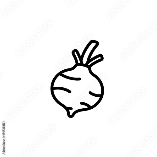 Simple line drawing of an onion with green stem and leaves