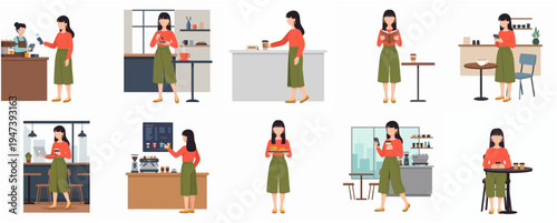 Flat Illustration Different Perspective Woman at Cafe and Coffee Shop Set