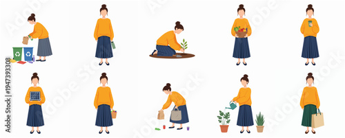 Flat Style Illustration of Woman Doing Eco Friendly Activities Concept
