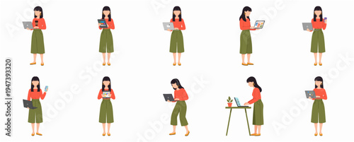 Flat Illustration Full Body Young Woman Working with Device Character Set