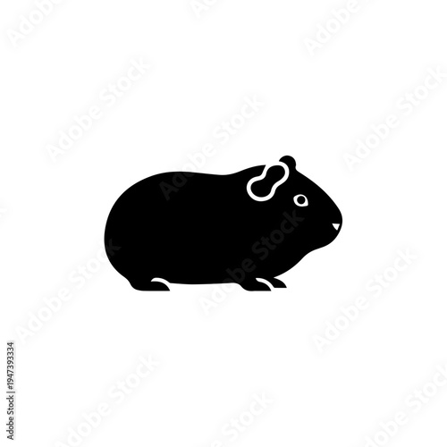 A stylized black guinea pig standing upright with a collar and bell