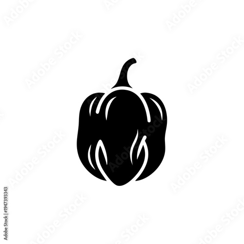Simple black and white illustration of a bell pepper with visible stem and ridges