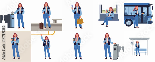 Flat Style Young Woman Using Public Transport Illustration and Various Actions