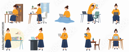Flat Illustration Woman Working at Home Various Poses and Locations Set