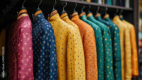 Colorful Indian Sherwani Collection Hanging in a Store.