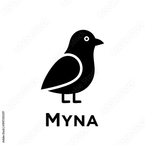 Minimalist black silhouette of a myna bird with stylized lettering underneath