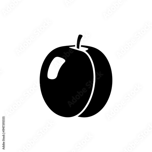 A sleek black and white illustration of a single plum with a stem