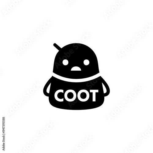 A stylized black and white cartoon character with antennae and the text coot