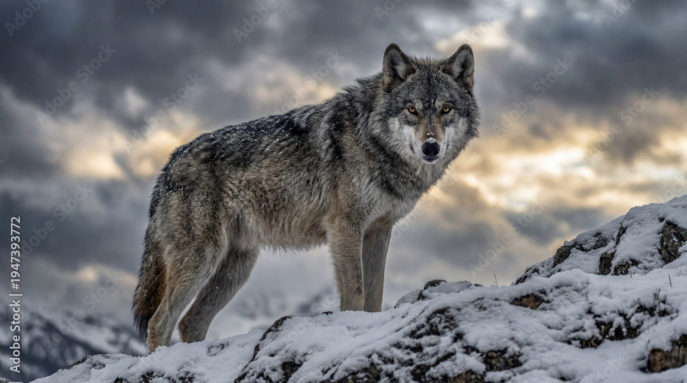 Fototapeta premium Majestic wolf standing on snowy mountain under dramatic sky