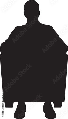 Silhouette of a man sitting in a chair with hands on hips isolated on white background representing relaxation or confidence