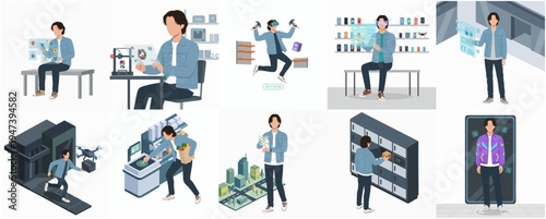 Isometric Illustration of Young Man Using Futuristic Technology Scenarios Set