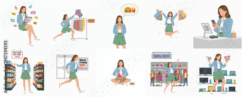 Flat Style Detailed Young Woman in Various Shopping Activities Illustration Set