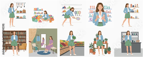 Simple Flat Woman Various Lifestyle Scenarios Daily Activity Illustration Set