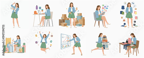 Minimalist Woman in Business Task Pose and Actions Illustration Collection