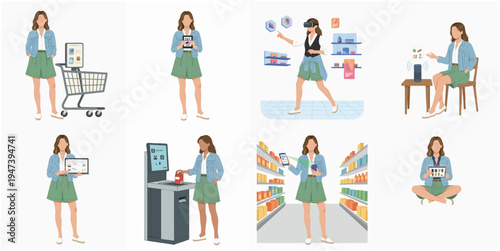Flat Style Full Body Woman in Supermarket Poses Illustration Set