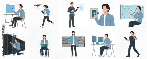 Flat Illustration of Man Working with Tech Gadgets and Cybersecurity Concept