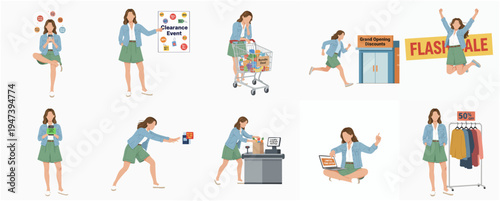 Flat Style Detailed Woman Various Shopping Activities Set Illustration