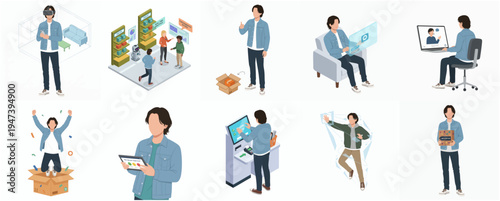 Isometric Man Character in Various Poses and Situations Flat Illustration Set