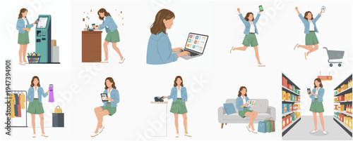 Flat Illustration Set of Woman Engaging in Various Shopping Activities