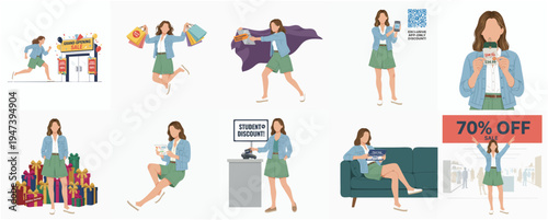 Modern Flat Illustration of Woman Enjoying and Promoting Various Shopping Activities