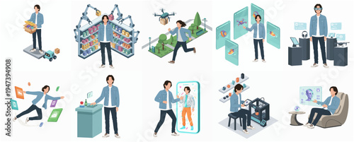 Flat Style Illustration Set of Man Interacting with Modern Technology and Gadgets