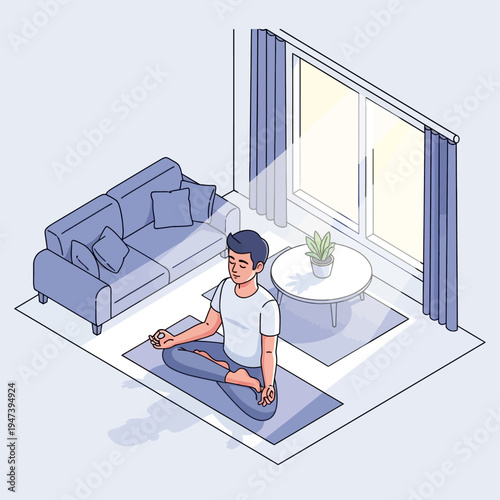 Man practicing yoga in living room.