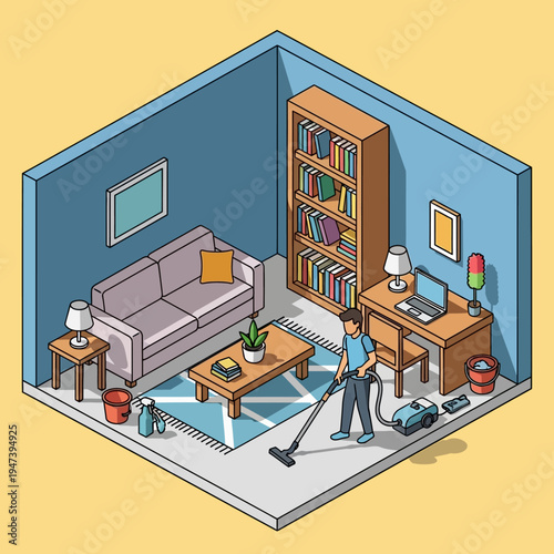 a person vacuuming a living room.