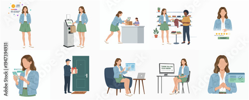 Flat Design Woman Performing Various Shopping and Delivery Activities Illustration Set
