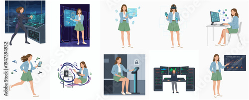 Flat Style Woman in Different Business and Technology Scenarios Illustration
