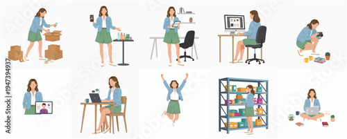 Flat Illustration Woman Working in Online Business and E-commerce Scene